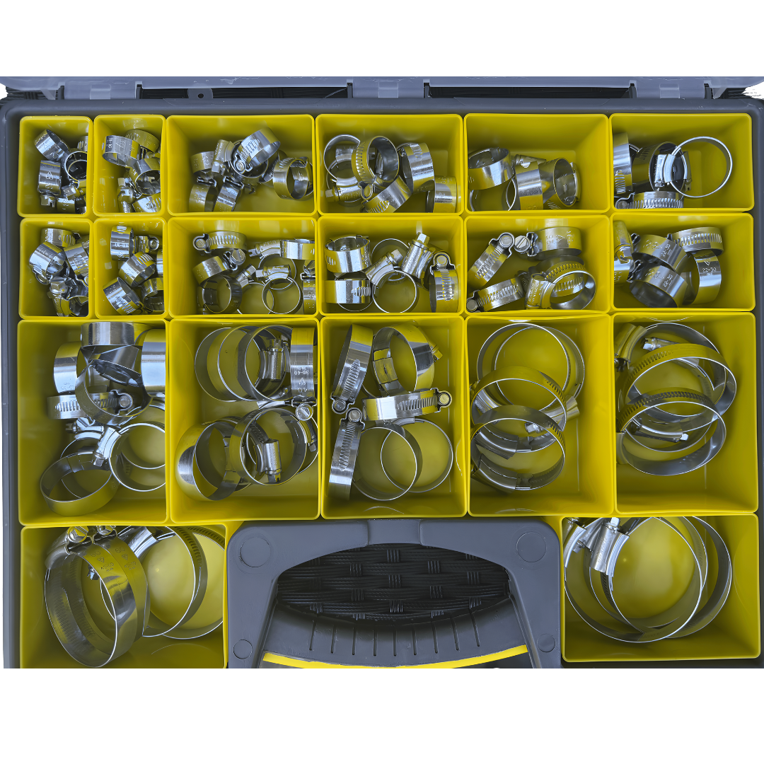 Caja grande de abrazaderas para mangueras surtidas 130 Clips