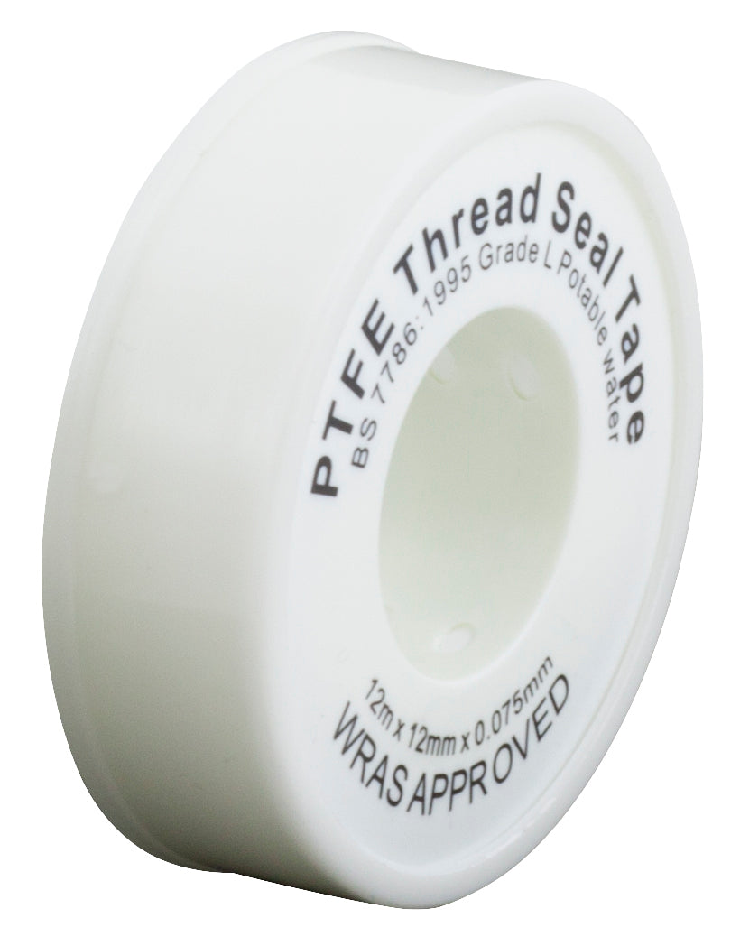 PTFE Tape BS4375 (Suitable for Water) W.R.A.S Approved 12mm x 12m x 0.075mm Thickness IN WHITE PLASTIC SPOOL- Per Pack of 10