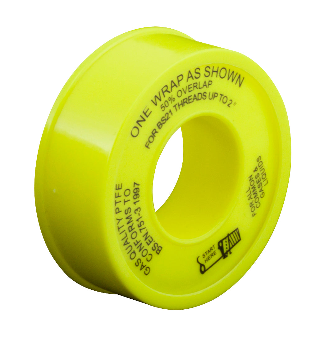 PTFE Tape BS6920 (Suitable for Gas) 12mm x 5m x 0.2mm Thickness IN YELLOW PLASTIC SPOOL - Per Pack