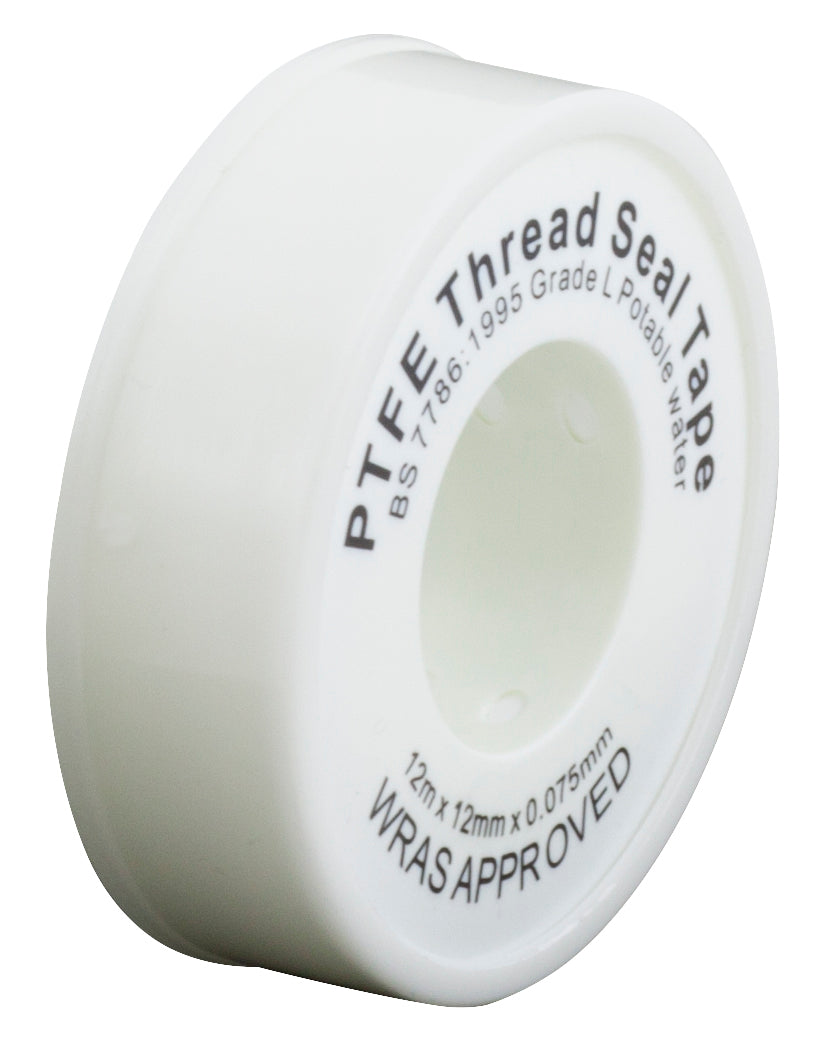 PTFE Tape BS4375 (Suitable for Water) W.R.A.S Approved 12mm x 12m x 0.075mm Thickness IN WHITE PLASTIC SPOOL - Per Pack